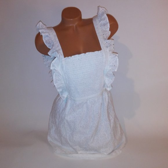 Lulus Dress XS White Eyelet Ruffle Zip Up Smocked Front Adjustable Straps Length - Picture 2 of 13